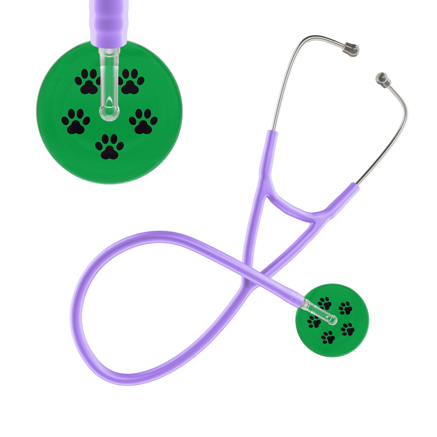 Ultrascope Single Stethoscope Black Paw Green Background / Adult / Lavender Paw Print Cardiology Stethoscope