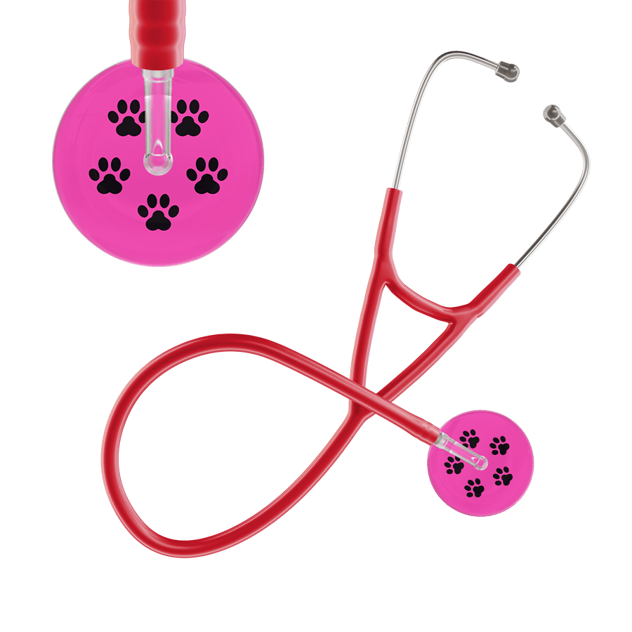 Ultrascope Single Stethoscope Black Paw Hot Pink Background / Adult / Red Paw Print Cardiology Stethoscope