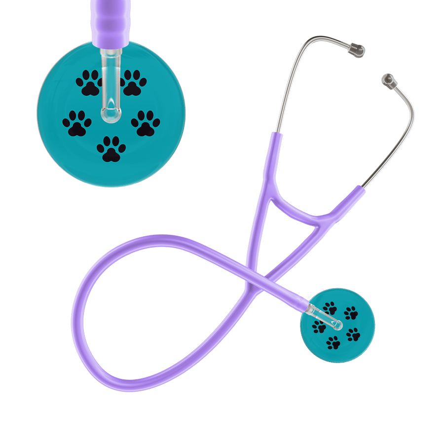Ultrascope Single Stethoscope Black Paw Teal Background / Adult / Lavender Paw Print Cardiology Stethoscope