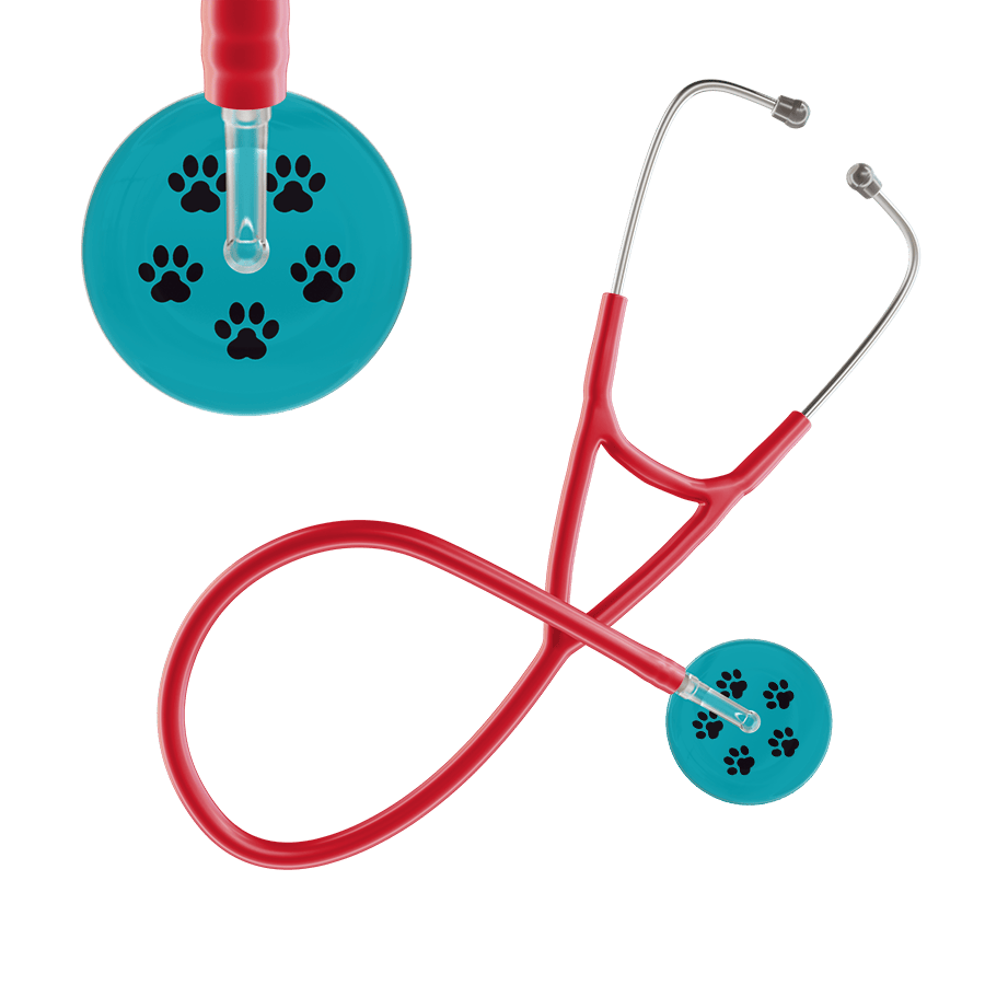 Ultrascope Single Stethoscope Black Paw Teal Background / Adult / Red Paw Print Cardiology Stethoscope