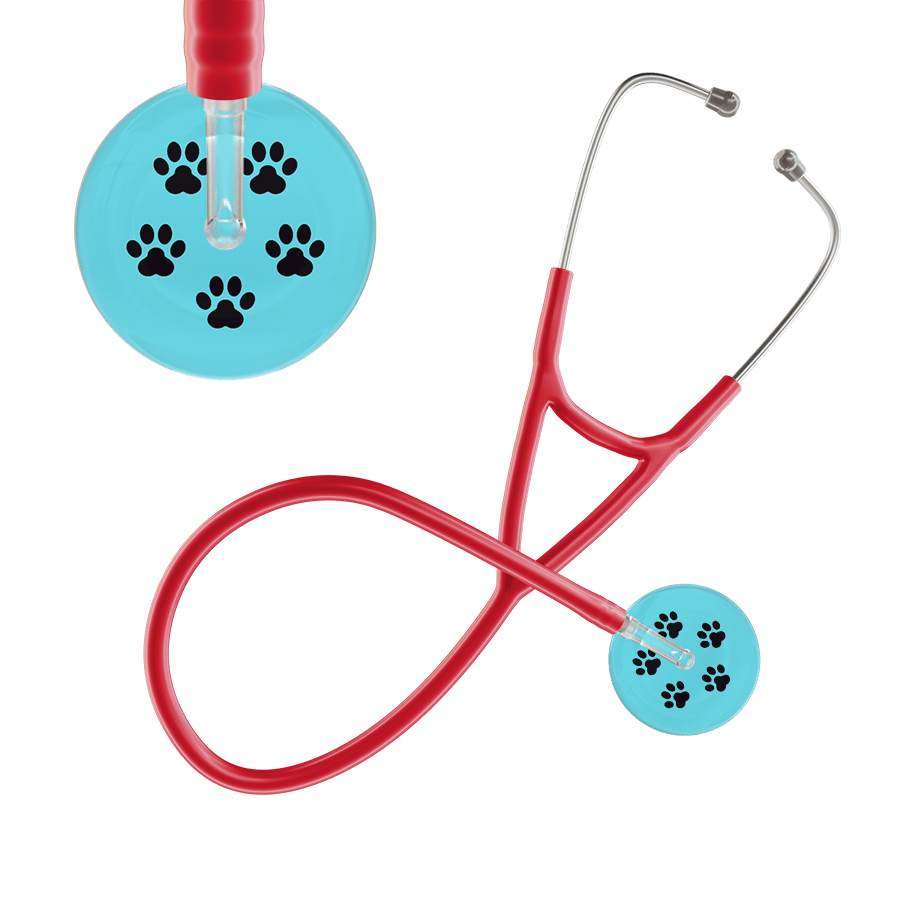 Ultrascope Single Stethoscope Black Paw Turquoise Background / Adult / Red Paw Print Cardiology Stethoscope