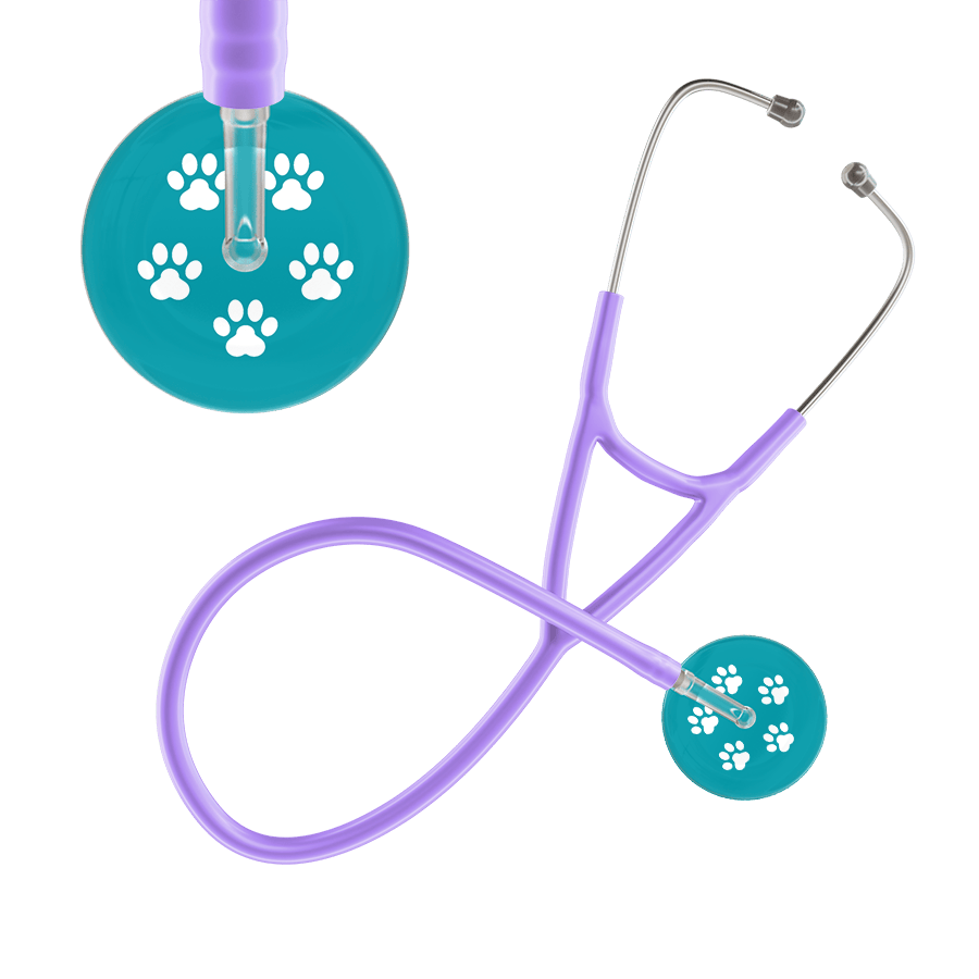 Ultrascope Single Stethoscope White Paw Teal Background / Adult / Lavender Paw Print Cardiology Stethoscope