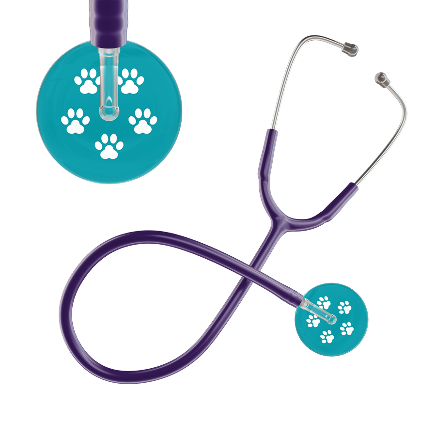 Ultrascope Single Stethoscope White Paw Teal Background / Adult / Purple Paw Print Stethoscope