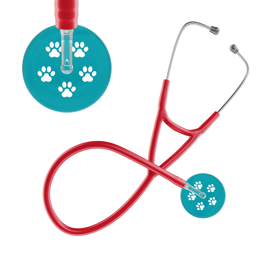 Ultrascope Single Stethoscope White Paw Teal Background / Adult / Red Paw Print Cardiology Stethoscope