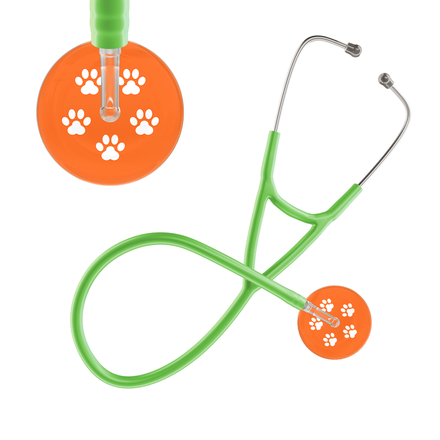 Ultrascope Single Stethoscope White Paw Tangerine Background / Adult / Lime Green Paw Print Cardiology Stethoscope