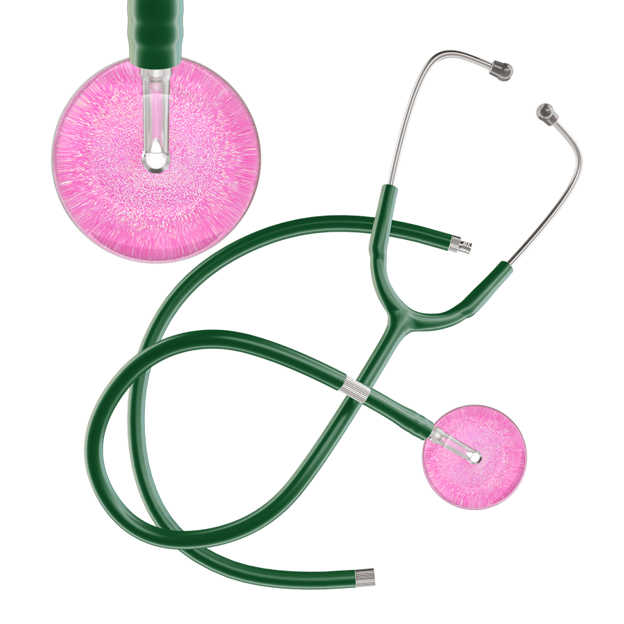 Ultrascope Single Stethoscope Hot Pink Glitter and Sparkles / Adult / Dark Green Extended Tubing Light Glitter & Sparkles Stethoscope