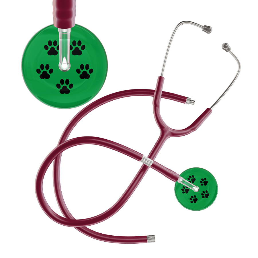 Ultrascope Single Stethoscope Black Paw Green Background / Adult / Burgundy Extended Tubing Black Paw Print Dark Background Stethoscope