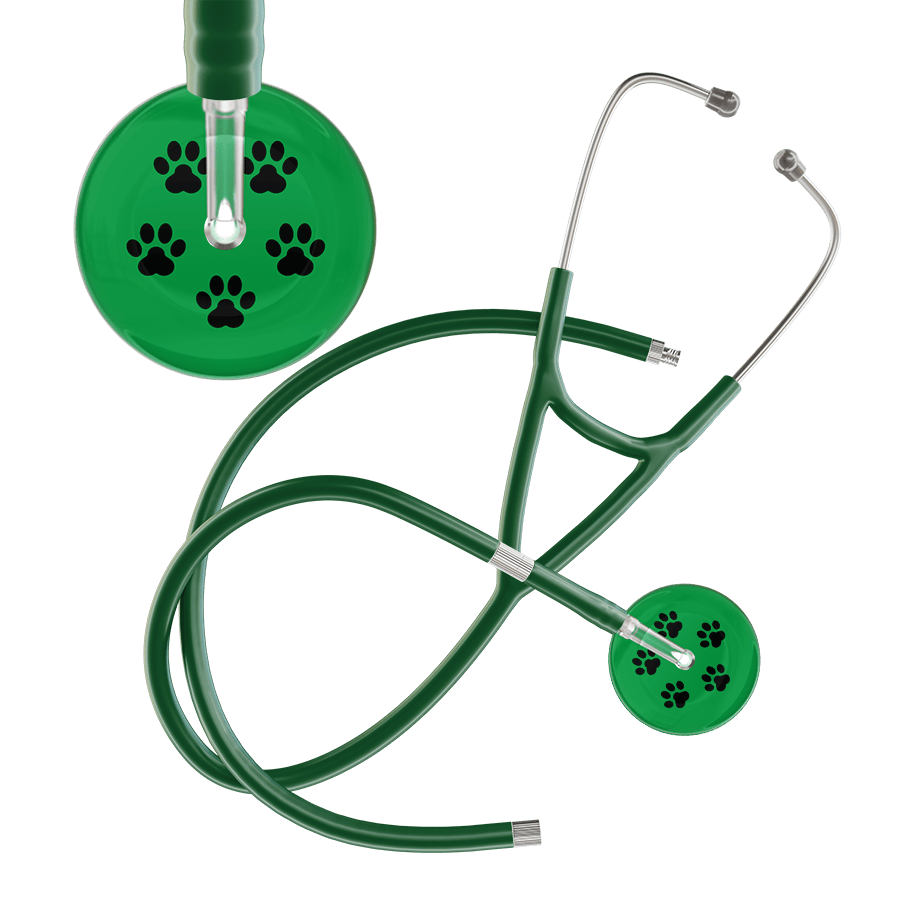 Ultrascope Single Stethoscope Black Paw Green Background / Adult / Dark Green Extended Tubing Black Paw Print Dark Background Cardiology Stethoscope