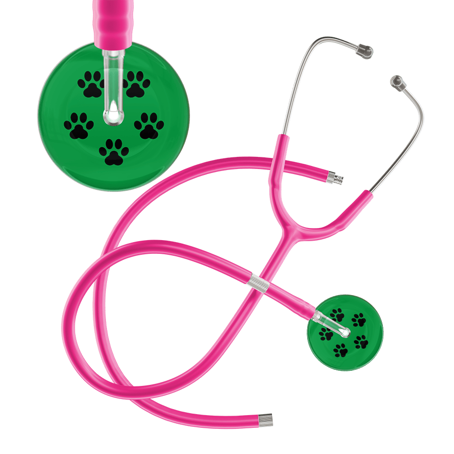 Ultrascope Single Stethoscope Black Paw Green Background / Adult / Hot Pink Extended Tubing Black Paw Print Dark Background Stethoscope