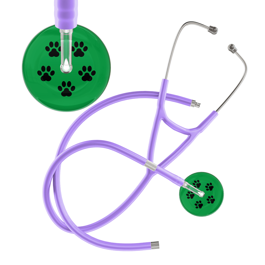 Ultrascope Single Stethoscope Black Paw Green Background / Adult / Lavender Extended Tubing Black Paw Print Dark Background Cardiology Stethoscope