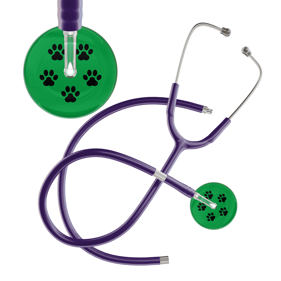Ultrascope Single Stethoscope Black Paw Green Background / Adult / Purple Extended Tubing Black Paw Print Dark Background Stethoscope