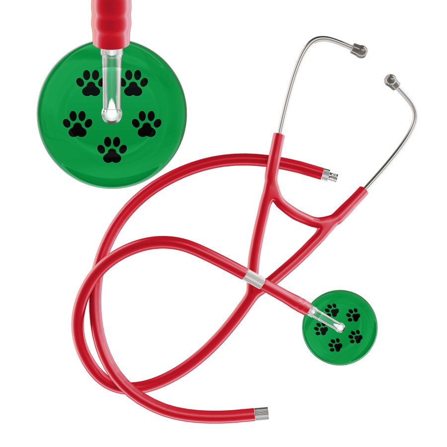Ultrascope Single Stethoscope Black Paw Green Background / Adult / Red Extended Tubing Black Paw Print Dark Background Cardiology Stethoscope