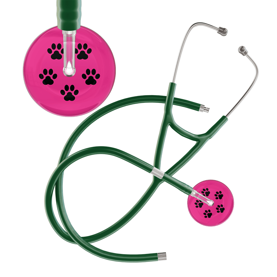 Ultrascope Single Stethoscope Black Paw Hot Pink Background / Pediatric / Dark Green Extended Tubing Black Paw Print Light Background Cardiology Stethoscope