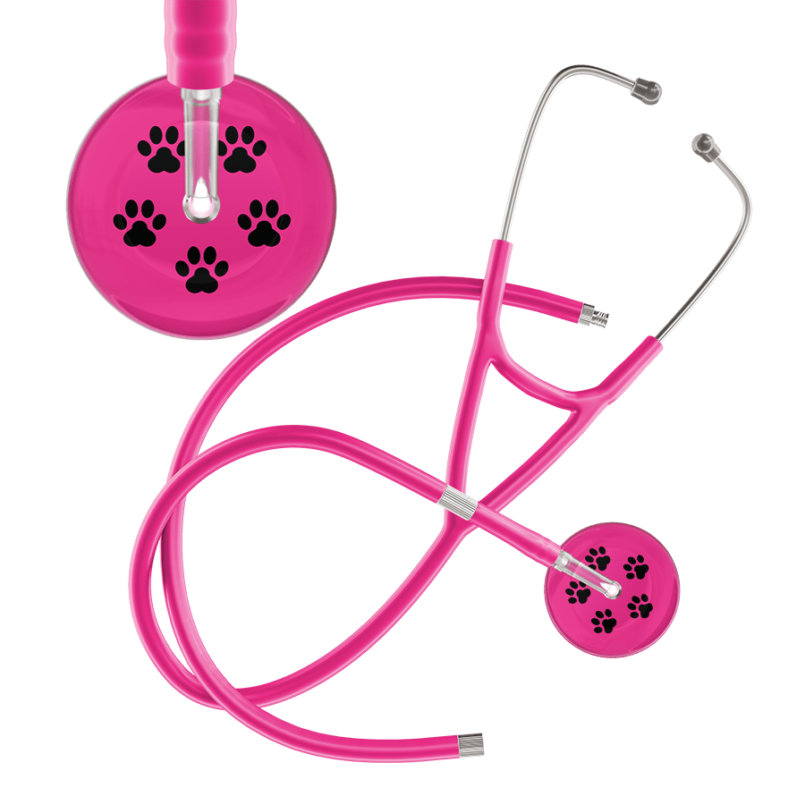 Ultrascope Single Stethoscope Black Paw Hot Pink Background / Adult / Hot Pink Extended Tubing Black Paw Print Light Background Cardiology Stethoscope