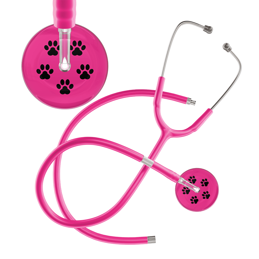 Ultrascope Single Stethoscope Black Paw Hot Pink Background / Adult / Hot Pink Extended Tubing Black Paw Print Light Background Stethoscope