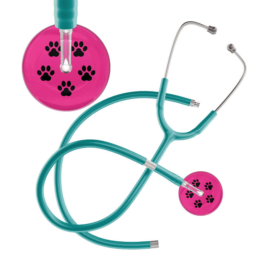 Ultrascope Single Stethoscope Black Paw Hot Pink Background / Adult / Jade Extended Tubing Black Paw Print Light Background Stethoscope