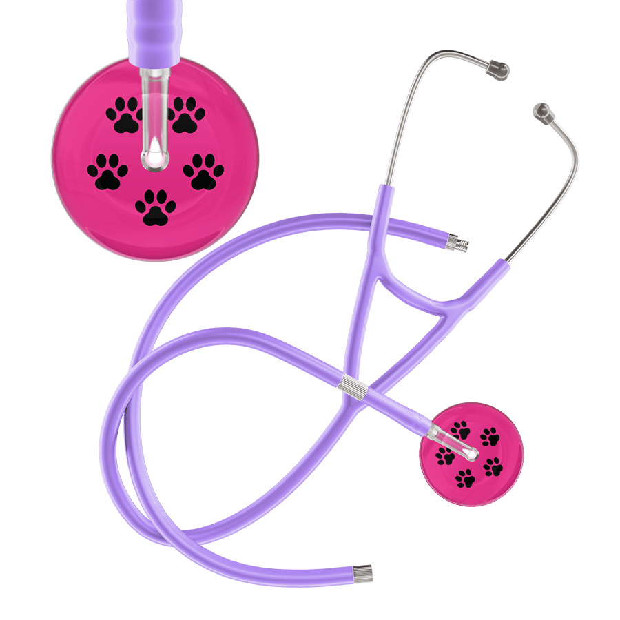 Ultrascope Single Stethoscope Black Paw Hot Pink Background / Adult / Lavender Extended Tubing Black Paw Print Light Background Cardiology Stethoscope