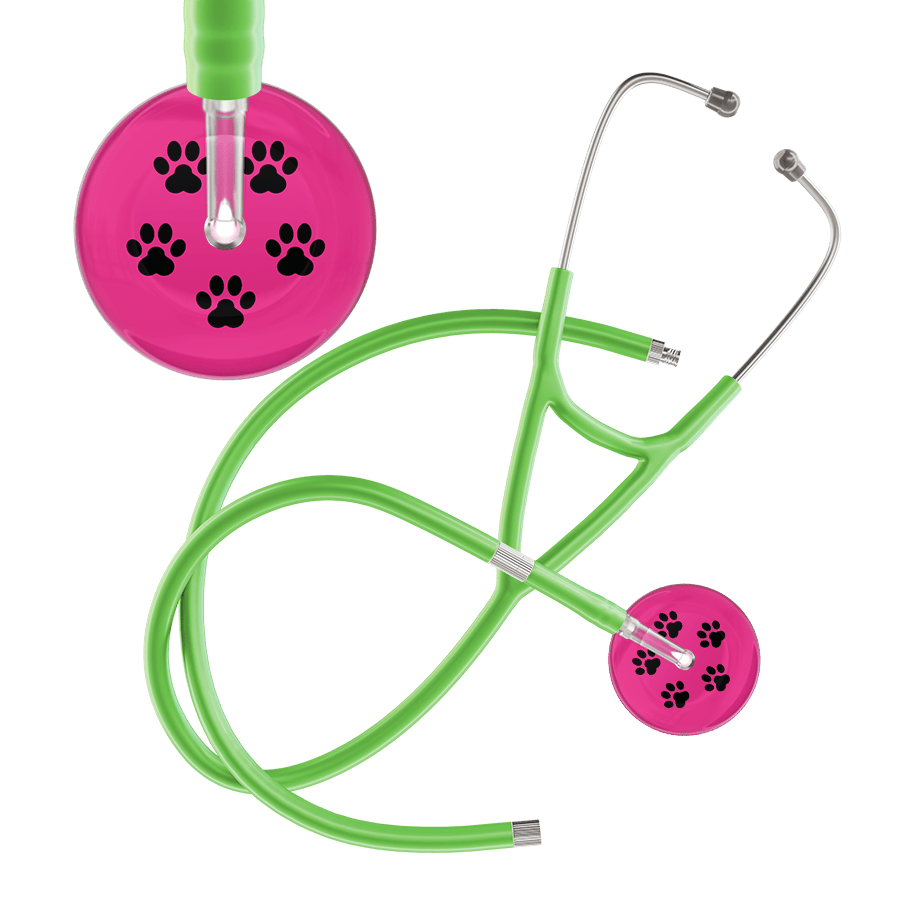 Ultrascope Single Stethoscope Black Paw Hot Pink Background / Adult / Lime Green Extended Tubing Black Paw Print Light Background Cardiology Stethoscope