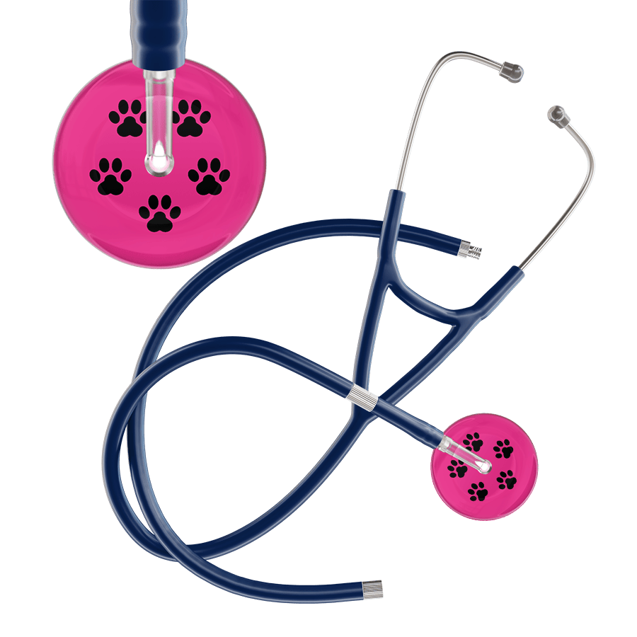 Ultrascope Single Stethoscope Black Paw Hot Pink Background / Adult / Navy Extended Tubing Black Paw Print Light Background Cardiology Stethoscope