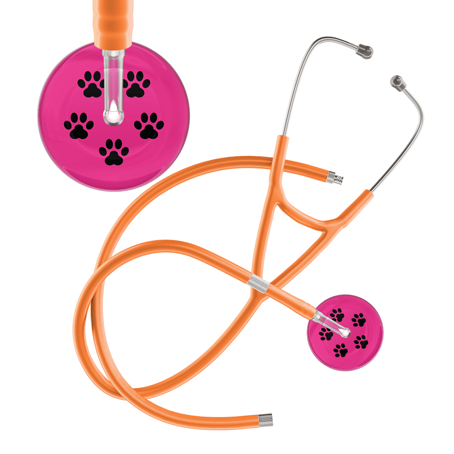 Ultrascope Single Stethoscope Black Paw Hot Pink Background / Adult / Orange Extended Tubing Black Paw Print Light Background Cardiology Stethoscope