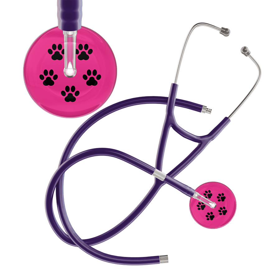 Ultrascope Single Stethoscope Black Paw Hot Pink Background / Pediatric / Purple Extended Tubing Black Paw Print Light Background Cardiology Stethoscope