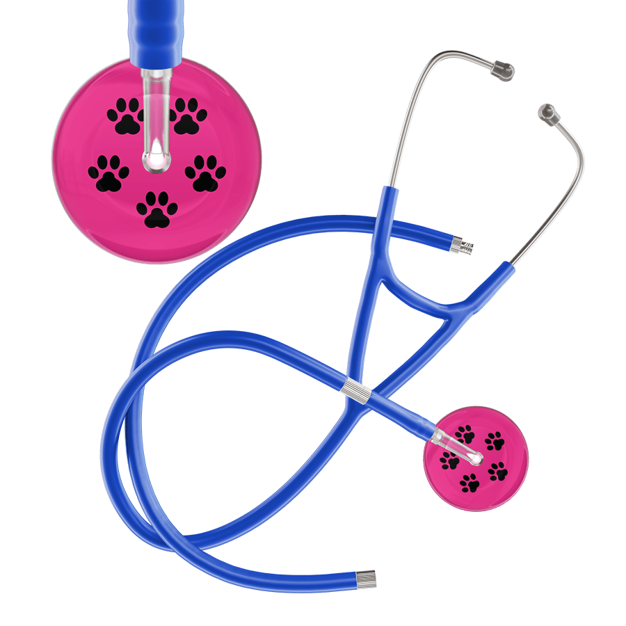 Ultrascope Single Stethoscope Black Paw Hot Pink Background / Adult / Royal Blue Extended Tubing Black Paw Print Light Background Cardiology Stethoscope