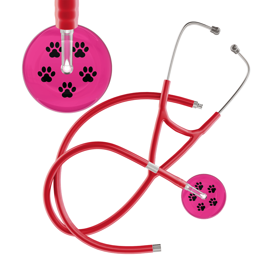 Ultrascope Single Stethoscope Black Paw Hot Pink Background / Adult / Red Extended Tubing Black Paw Print Light Background Cardiology Stethoscope