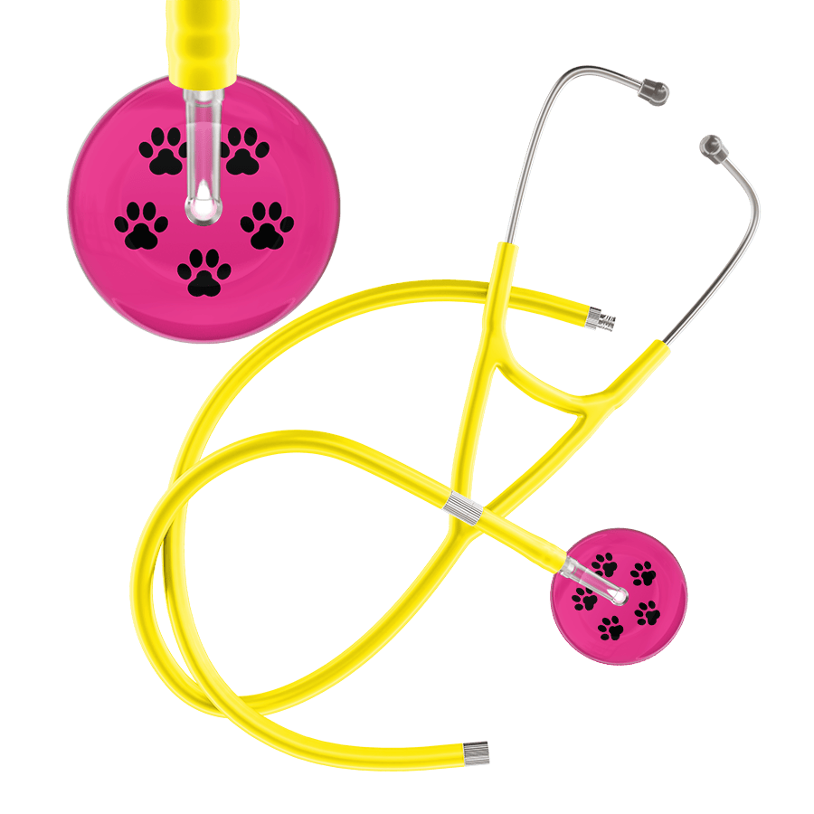 Ultrascope Single Stethoscope Black Paw Hot Pink Background / Adult / Yellow Extended Tubing Black Paw Print Light Background Cardiology Stethoscope