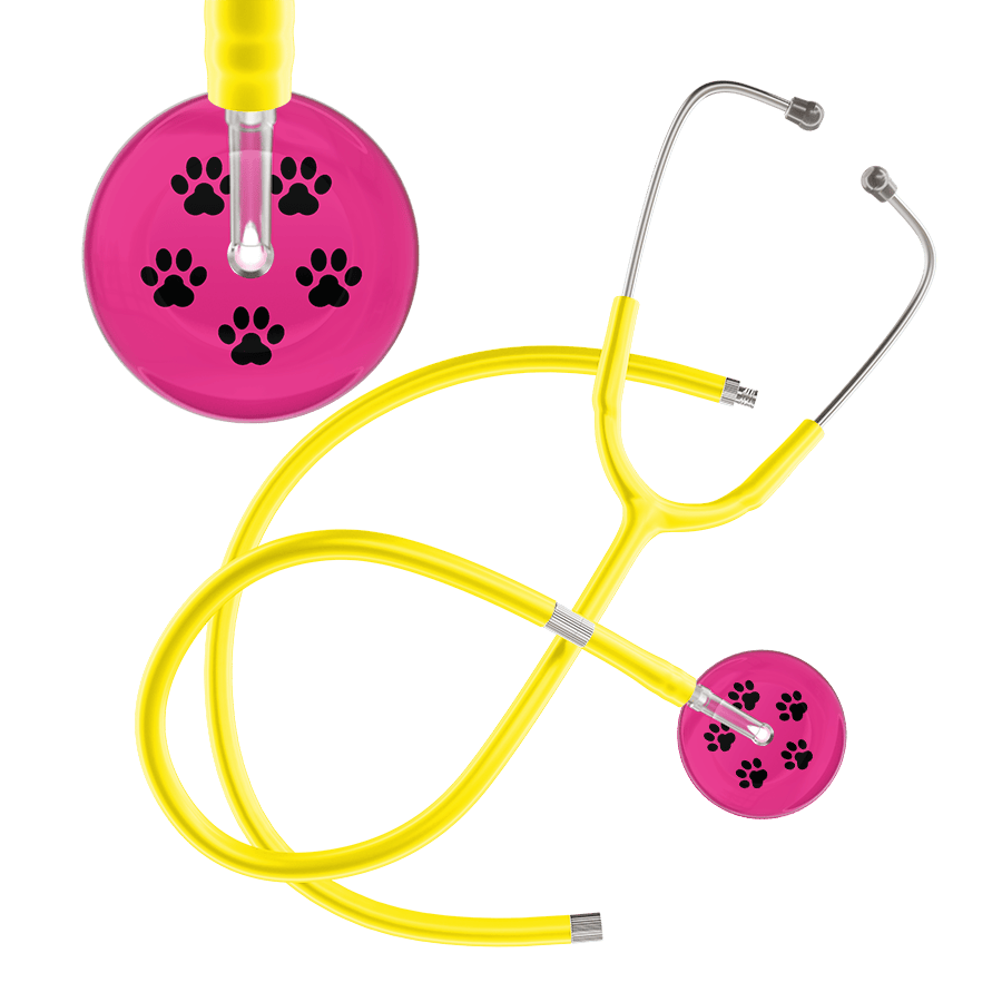 Ultrascope Single Stethoscope Black Paw Hot Pink Background / Adult / Yellow Extended Tubing Black Paw Print Light Background Stethoscope