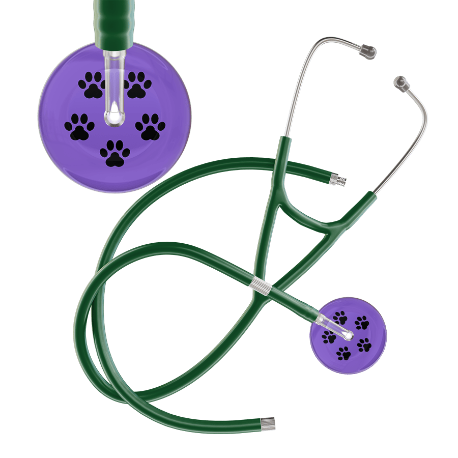 Ultrascope Single Stethoscope Black Paw Lavender Background / Adult / Dark Green Extended Tubing Black Paw Print Light Background Cardiology Stethoscope