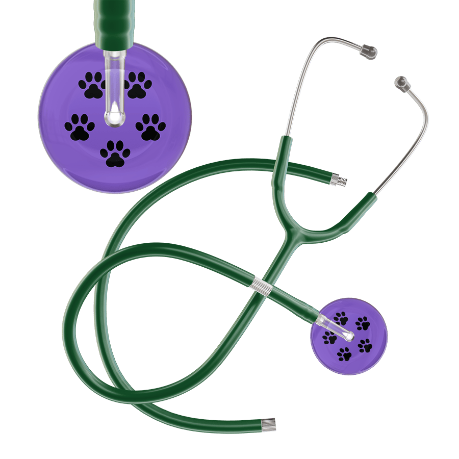 Ultrascope Single Stethoscope Black Paw Lavender Background / Adult / Dark Green Extended Tubing Black Paw Print Light Background Stethoscope