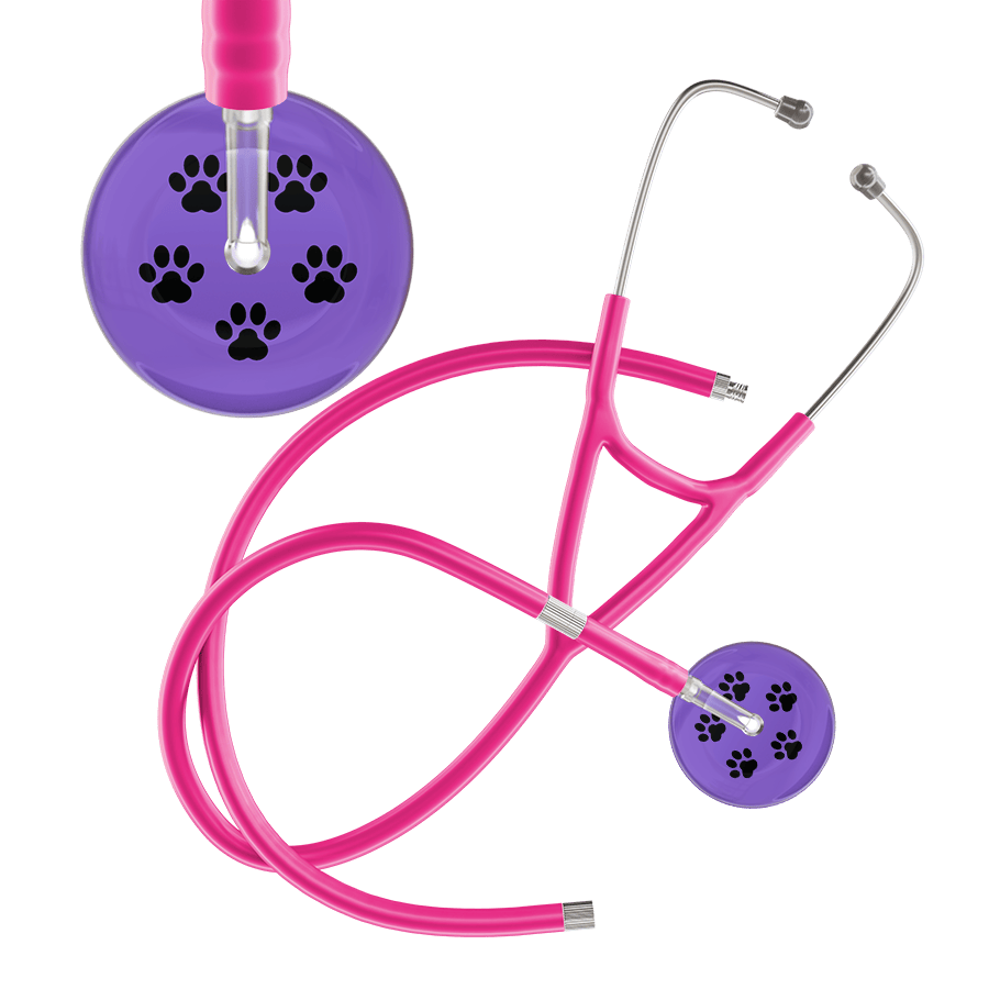 Ultrascope Single Stethoscope Black Paw Lavender Background / Adult / Hot Pink Extended Tubing Black Paw Print Light Background Cardiology Stethoscope