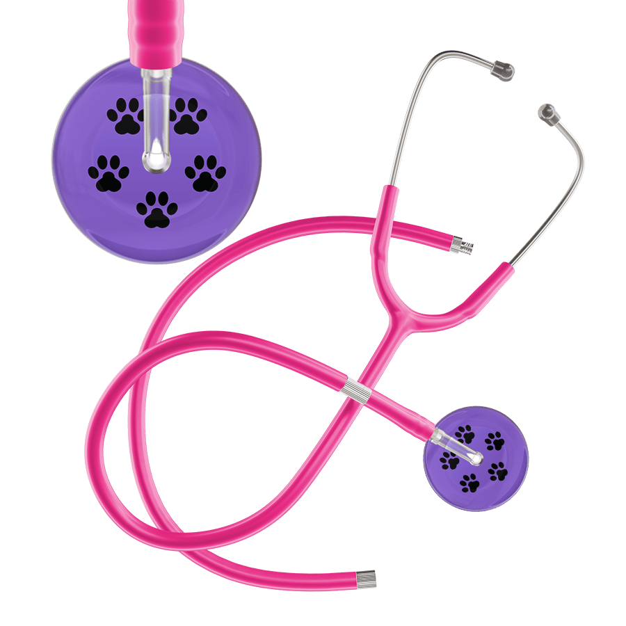 Ultrascope Single Stethoscope Black Paw Lavender Background / Adult / Hot Pink Extended Tubing Black Paw Print Light Background Stethoscope