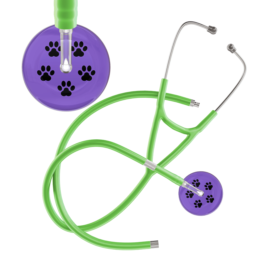 Ultrascope Single Stethoscope Black Paw Lavender Background / Adult / Lime Green Extended Tubing Black Paw Print Light Background Cardiology Stethoscope