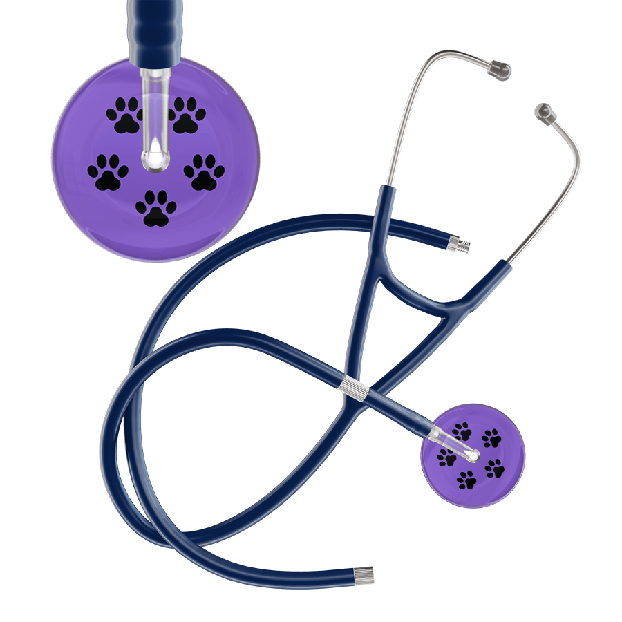 Ultrascope Single Stethoscope Black Paw Lavender Background / Adult / Navy Extended Tubing Black Paw Print Light Background Cardiology Stethoscope