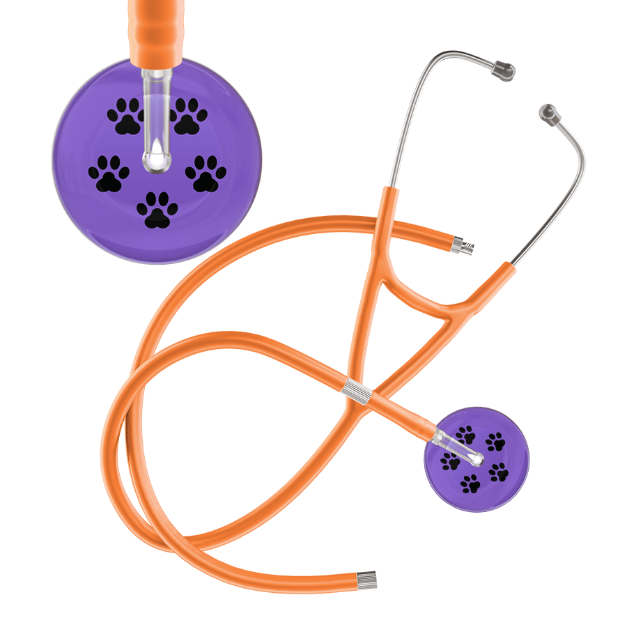 Ultrascope Single Stethoscope Black Paw Lavender Background / Adult / Orange Extended Tubing Black Paw Print Light Background Cardiology Stethoscope