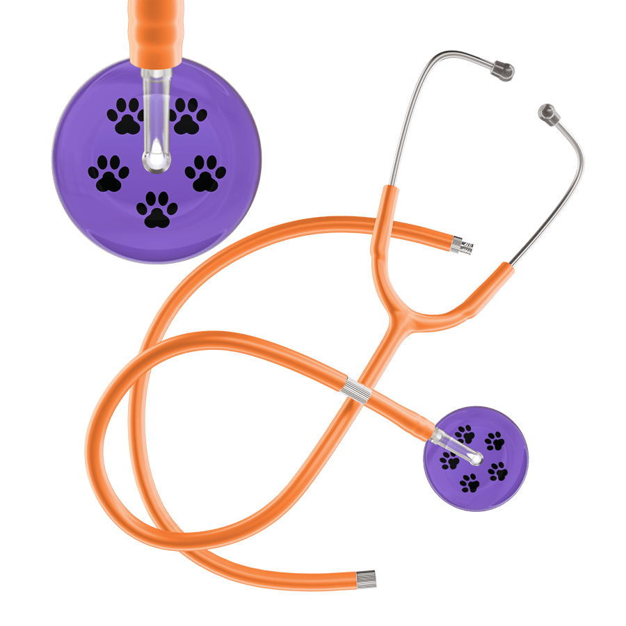 Ultrascope Single Stethoscope Black Paw Lavender Background / Adult / Orange Extended Tubing Black Paw Print Light Background Stethoscope
