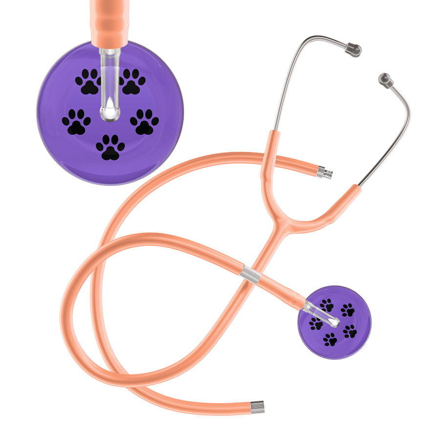 Ultrascope Single Stethoscope Black Paw Lavender Background / Adult / Peach Extended Tubing Black Paw Print Light Background Stethoscope