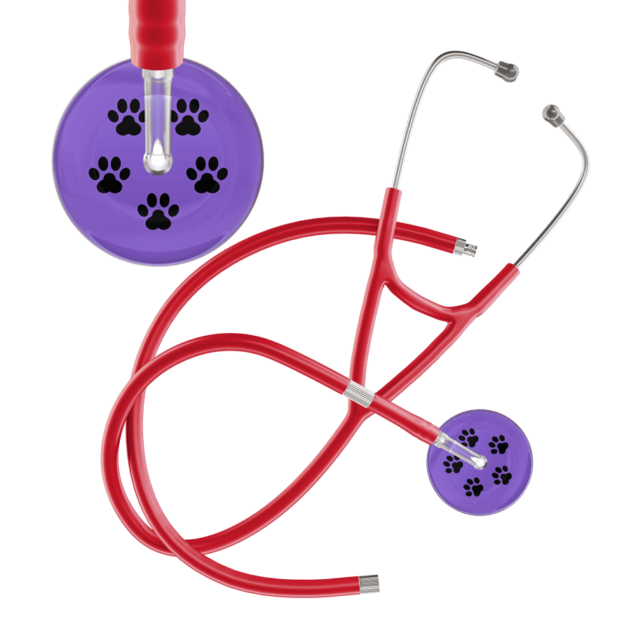 Ultrascope Single Stethoscope Black Paw Lavender Background / Adult / Red Extended Tubing Black Paw Print Light Background Cardiology Stethoscope