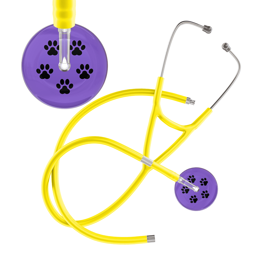 Ultrascope Single Stethoscope Black Paw Lavender Background / Adult / Yellow Extended Tubing Black Paw Print Light Background Cardiology Stethoscope