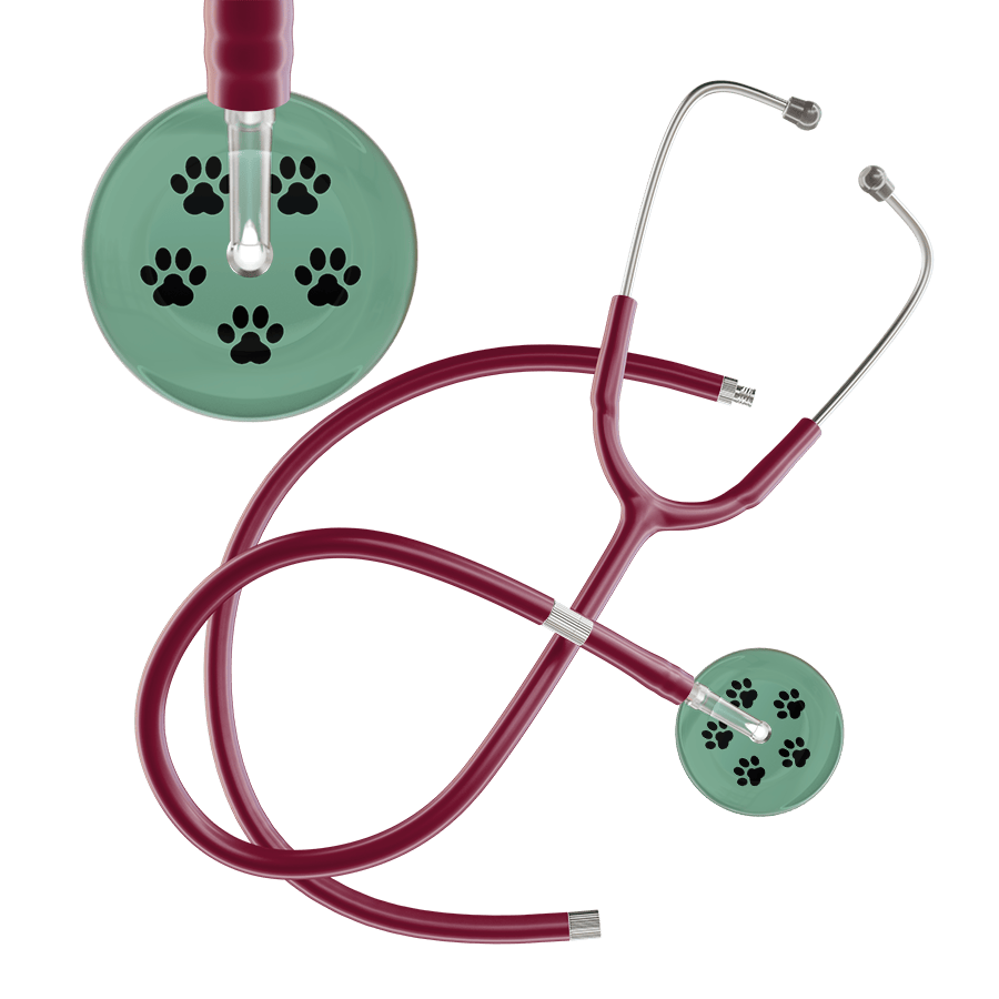 Ultrascope Single Stethoscope Black Paw Sage Background / Adult / Burgundy Extended Tubing Black Paw Print Light Background Stethoscope