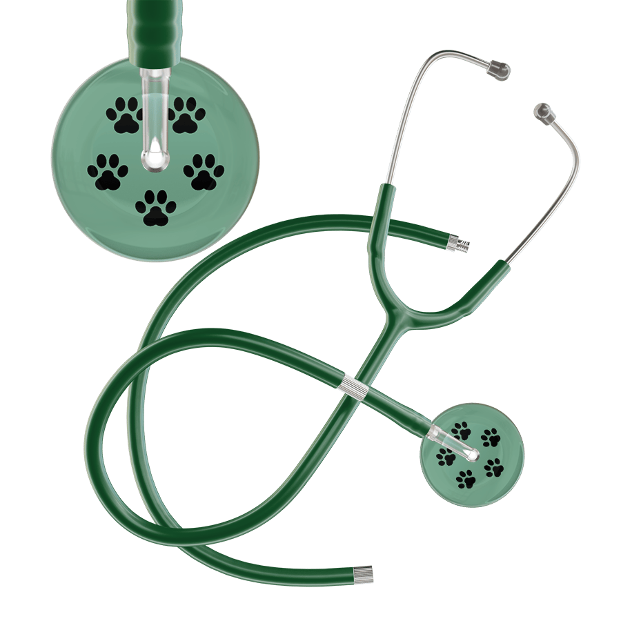 Ultrascope Single Stethoscope Black Paw Sage Background / Adult / Dark Green Extended Tubing Black Paw Print Light Background Stethoscope