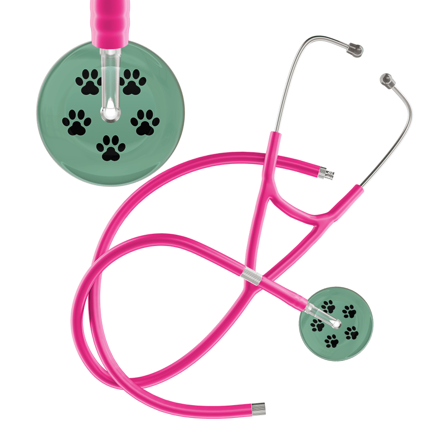 Ultrascope Single Stethoscope Black Paw Sage Background / Adult / Hot Pink Extended Tubing Black Paw Print Light Background Cardiology Stethoscope