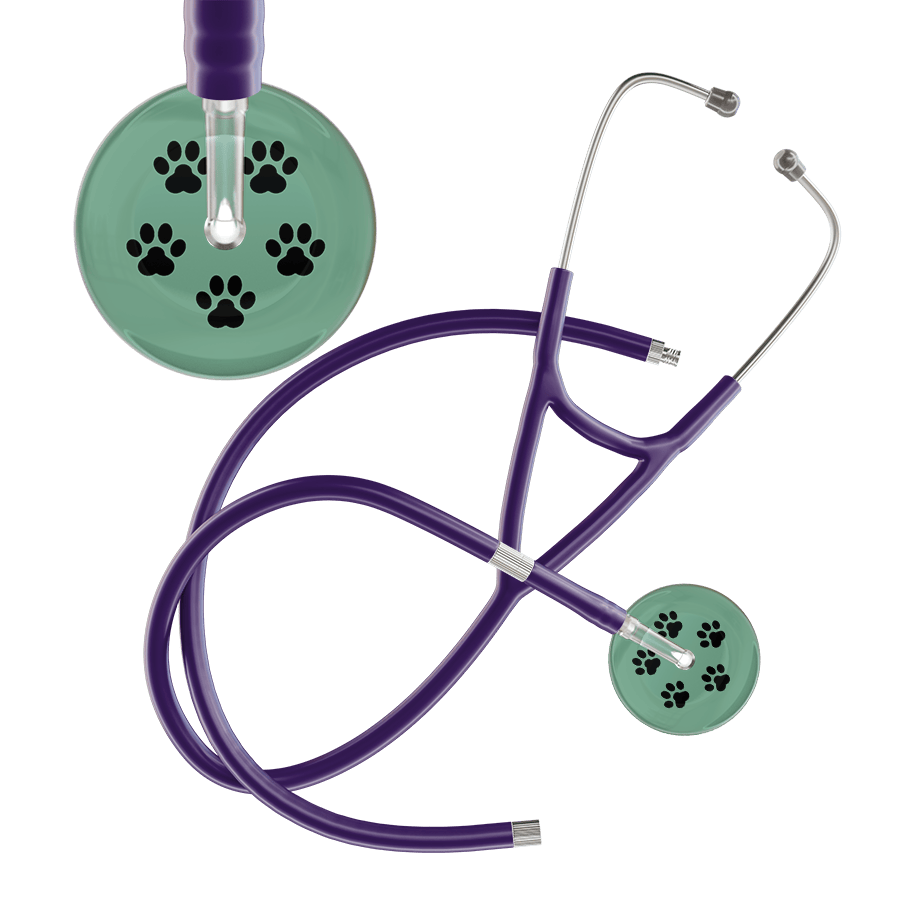 Ultrascope Single Stethoscope Black Paw Sage Background / Adult / Purple Extended Tubing Black Paw Print Light Background Cardiology Stethoscope