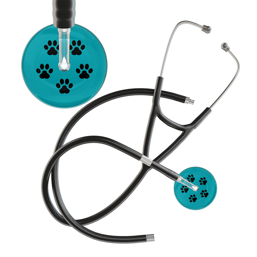 Ultrascope Single Stethoscope Black Paw Teal Background / Adult / Black Extended Tubing Black Paw Print Dark Background Cardiology Stethoscope