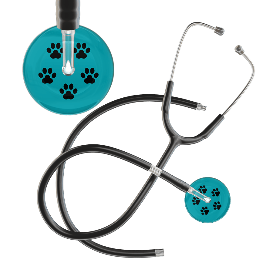 Ultrascope Single Stethoscope Black Paw Teal Background / Adult / Black Extended Tubing Black Paw Print Dark Background Stethoscope