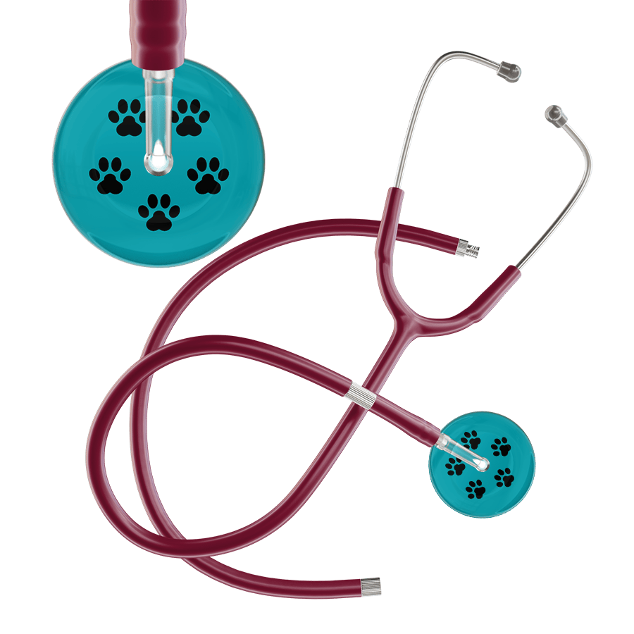 Ultrascope Single Stethoscope Black Paw Teal Background / Adult / Burgundy Extended Tubing Black Paw Print Dark Background Stethoscope