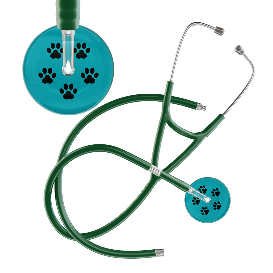 Ultrascope Single Stethoscope Black Paw Teal Background / Adult / Dark Green Extended Tubing Black Paw Print Dark Background Cardiology Stethoscope