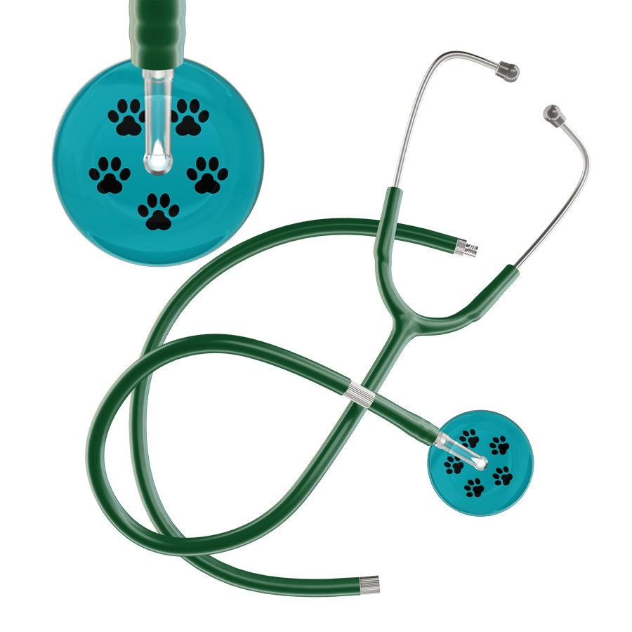 Ultrascope Single Stethoscope Black Paw Teal Background / Adult / Dark Green Extended Tubing Black Paw Print Dark Background Stethoscope