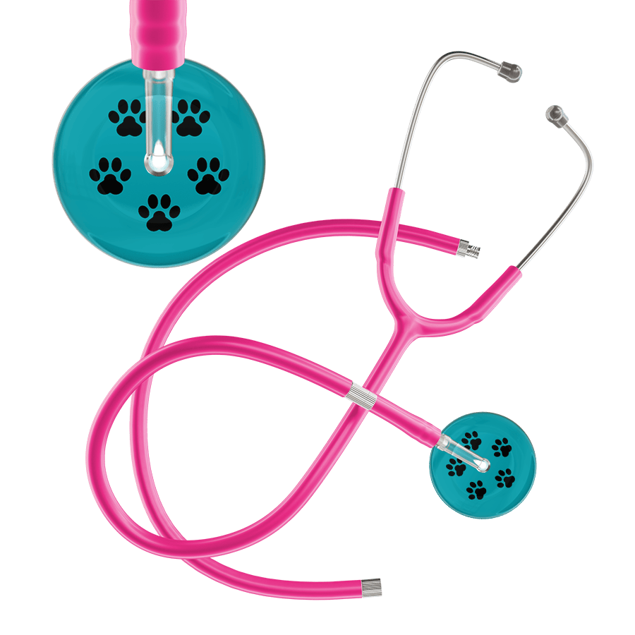 Ultrascope Single Stethoscope Black Paw Teal Background / Adult / Hot Pink Extended Tubing Black Paw Print Dark Background Stethoscope